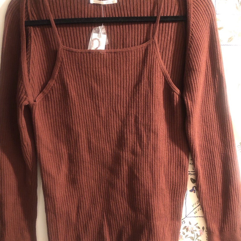 Women's Anthropologie Ribbed Brown Cold Shoulder Sweater - Picture 5 of 9